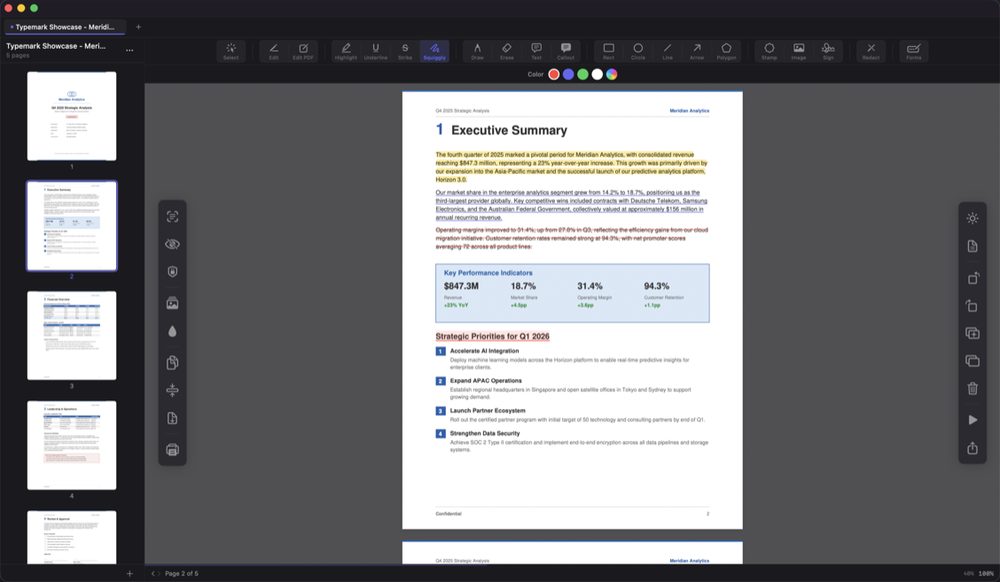 The Typemark PDF editor on macOS with a document open: highlights, annotations, and redactions applied across a five-page report